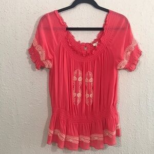 Joie Coral Silk Embroidered Peplum Style Boho Blouse size S